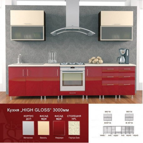 Кухня High Gloss Прямая Красная